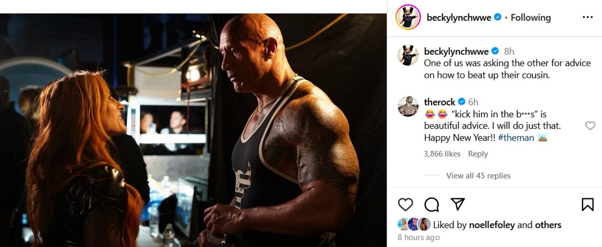 Screenshot of The Rock's response to Becky Lynch on Instagram